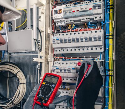 electrical technician working in a switchboard with fuses. electrical equipment
